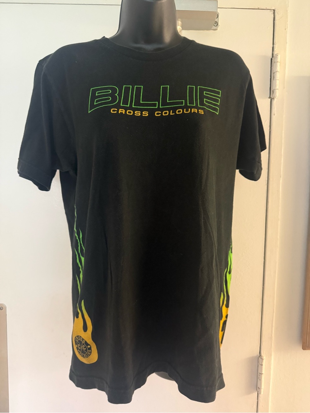 Cross Colours Kids' Black Graphic Tee with Green & Yellow Flame Accents